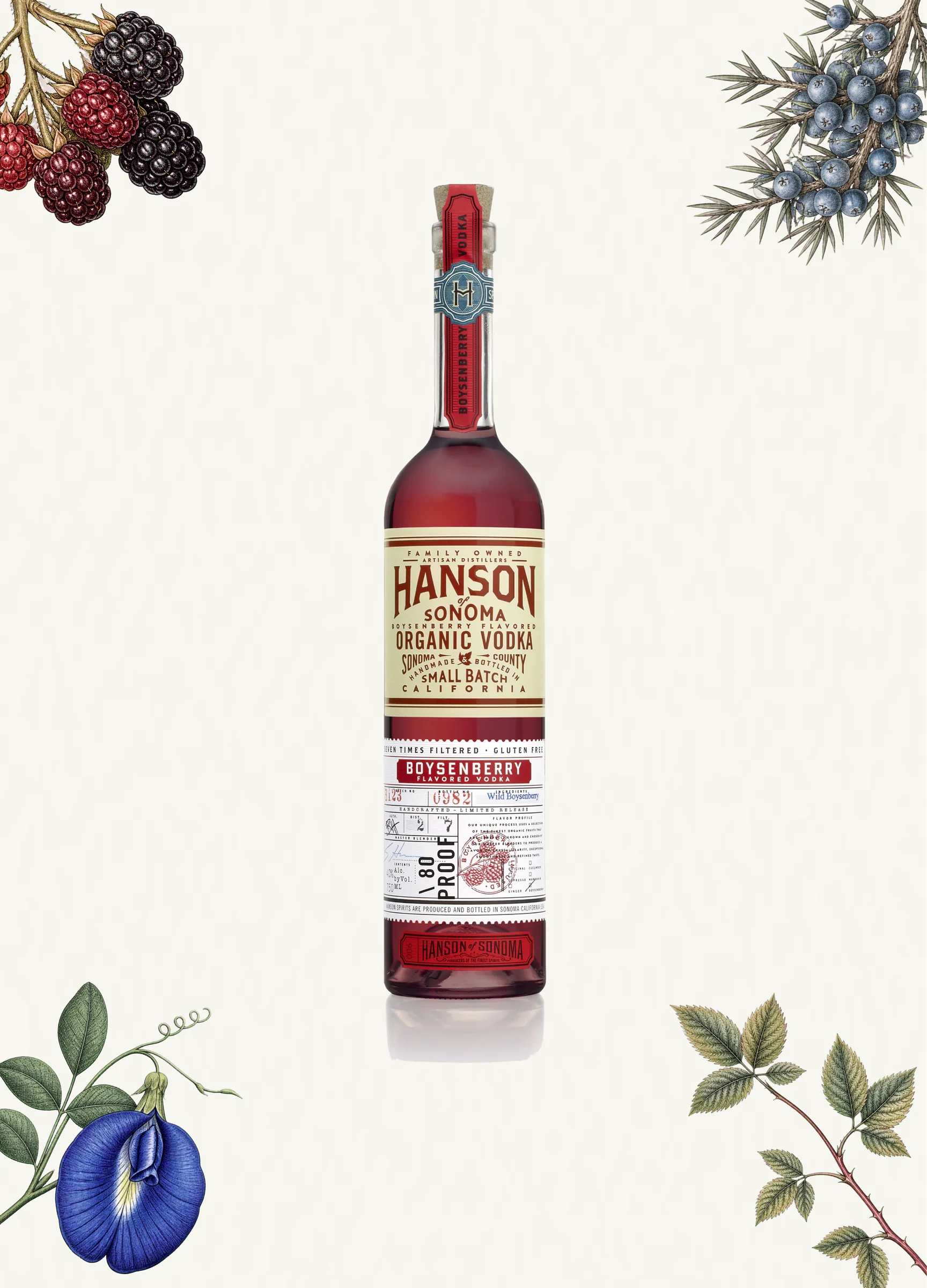Hanson Boysenberry Vodka bottle with botanical elements