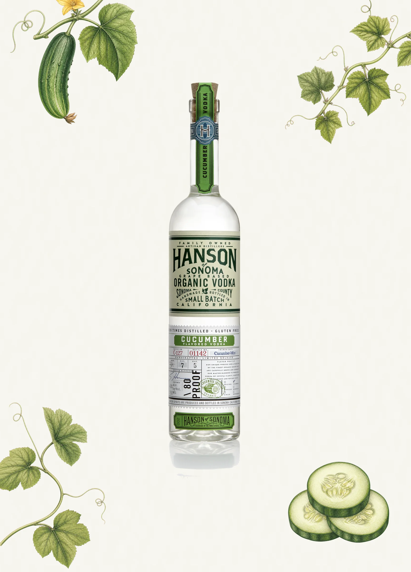 Hanson Cucumber Vodka bottle with botanical elements
