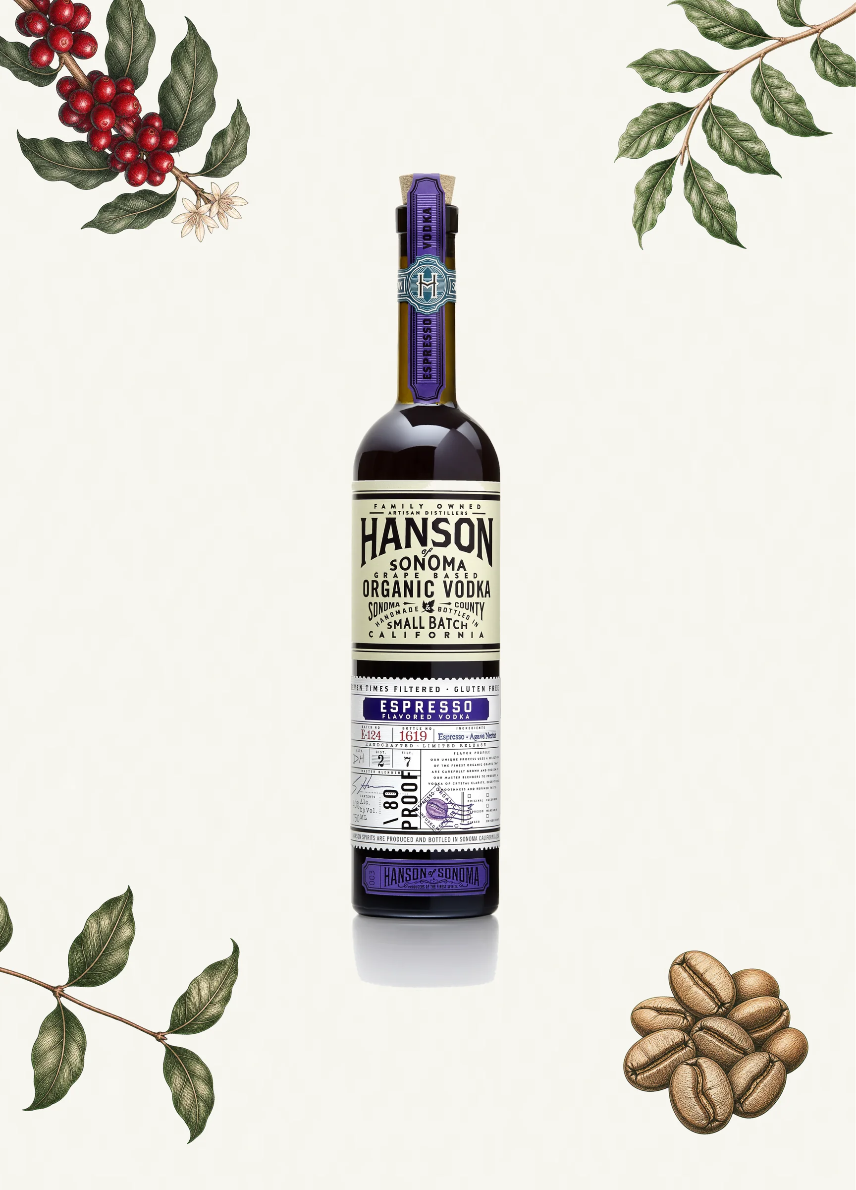Hanson Espresso Vodka bottle with botanical elements