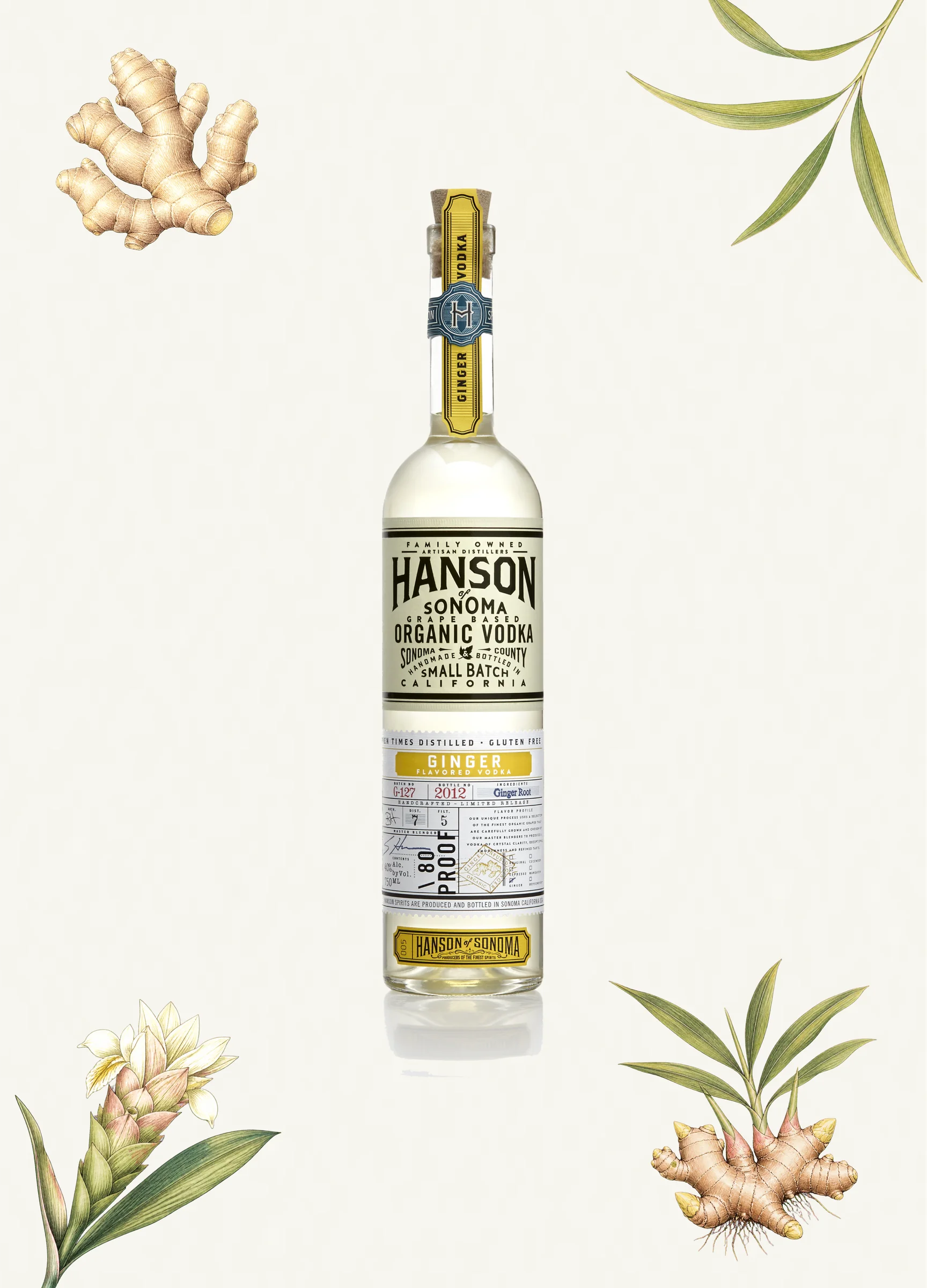 Hanson Ginger Vodka bottle with botanical elements