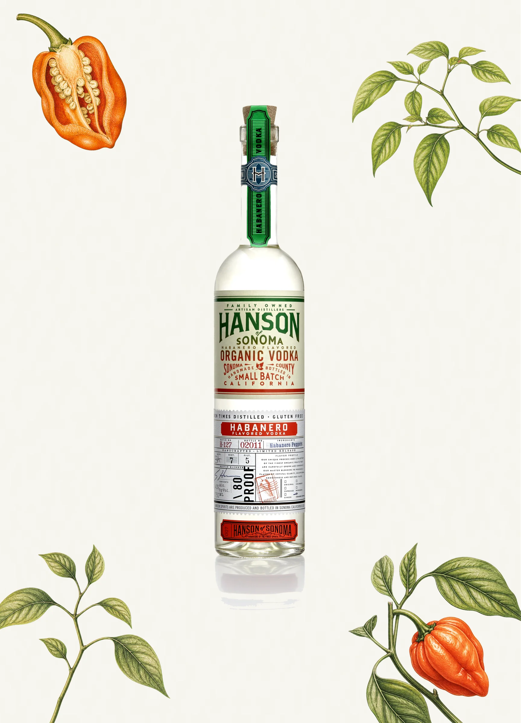 Hanson Habanero Vodka bottle with botanical elements