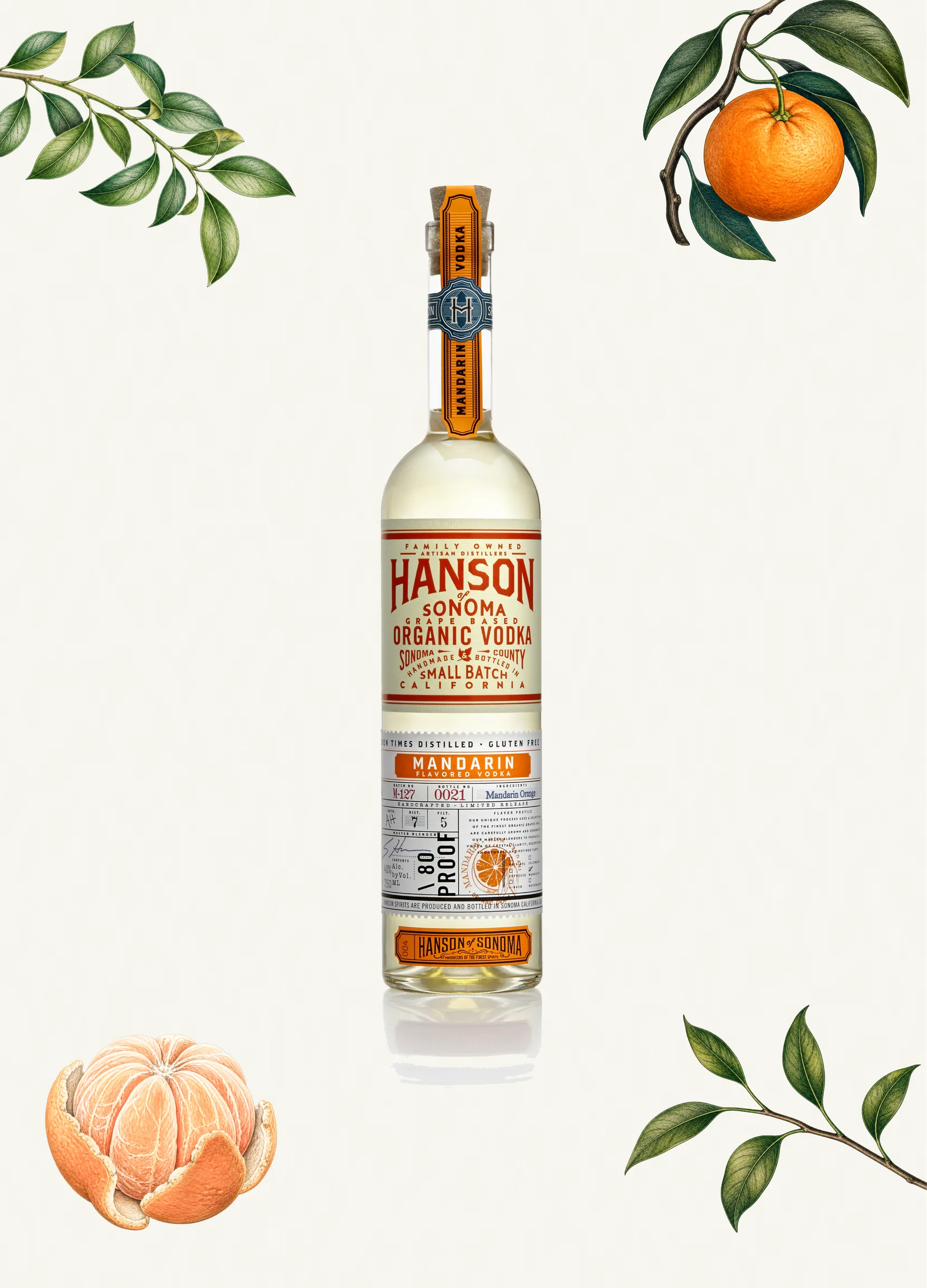 Hanson Mandarin Vodka bottle with botanical elements