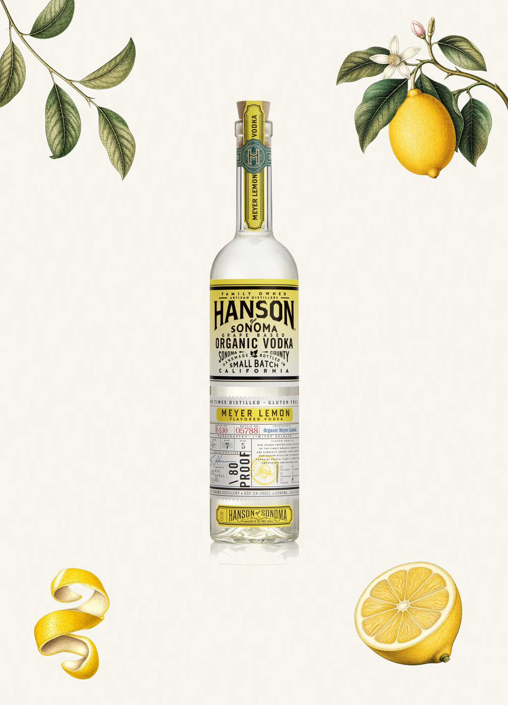 Hanson Meyer Lemon Vodka bottle with botanical elements