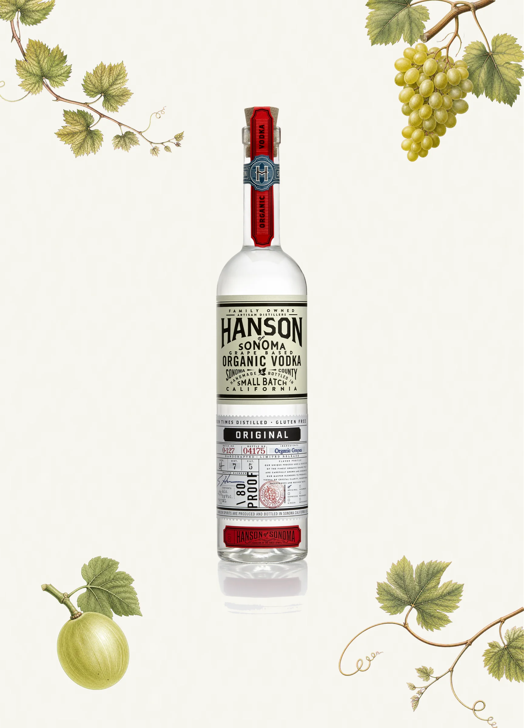 Hanson Original Vodka bottle with botanical elements