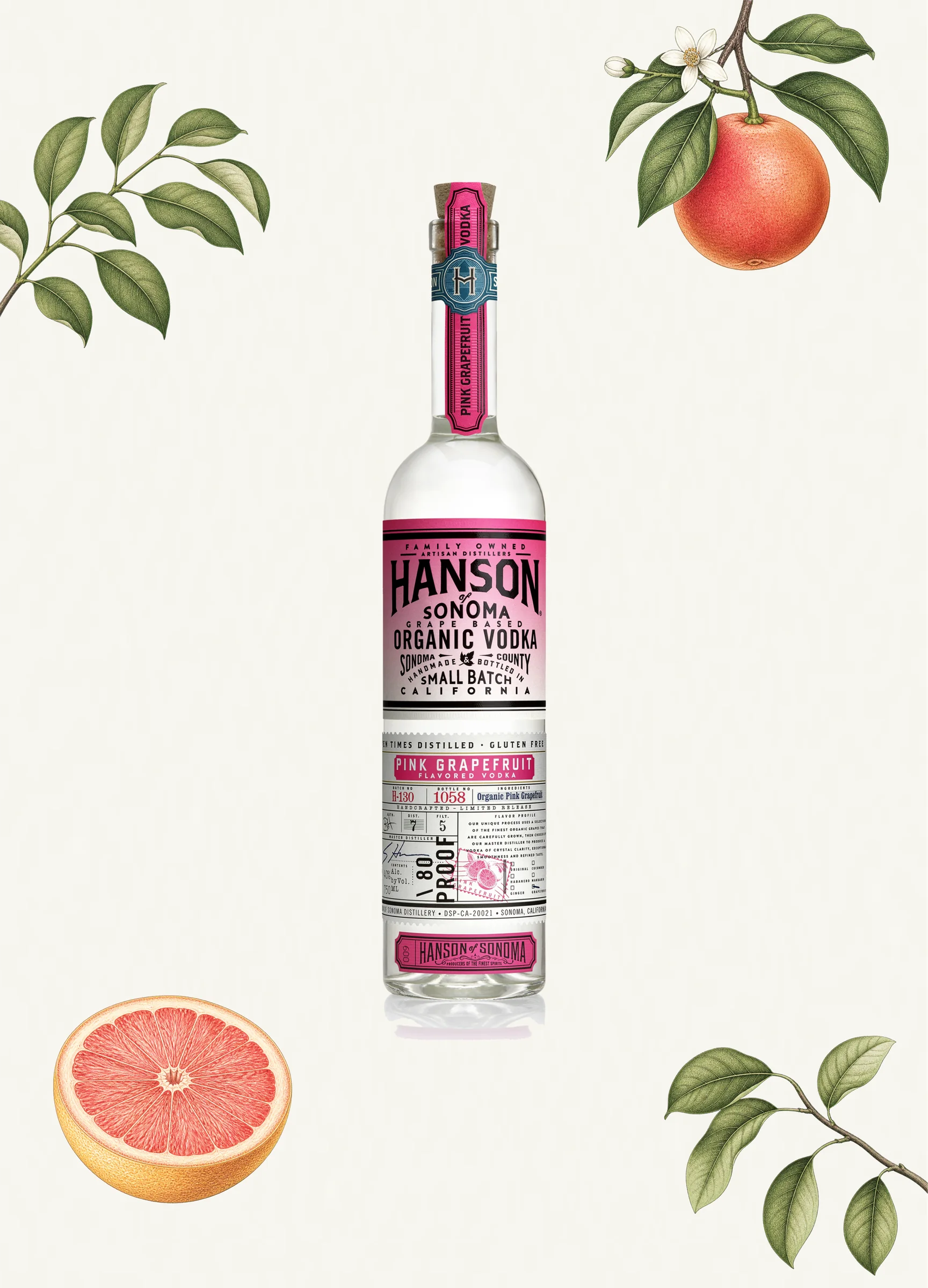 Hanson Pink Grapefruit Vodka bottle with botanical elements
